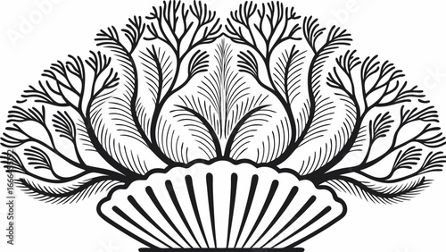 Illustration of branching trees emerging from a stylized seashell in black and white design |  editable eps vectors silhouette