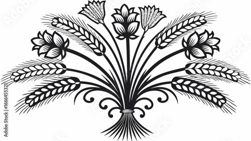 Elegant black and white floral arrangement with wheat and stylized lotus blossoms design element |  editable eps vectors silhouette
