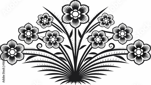 Black and white floral arrangement with eight flowers and spiky leaves in a symmetrical design style |  editable eps vectors silhouette