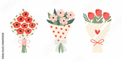 Three Wrapped Flower Bouquets Illustration