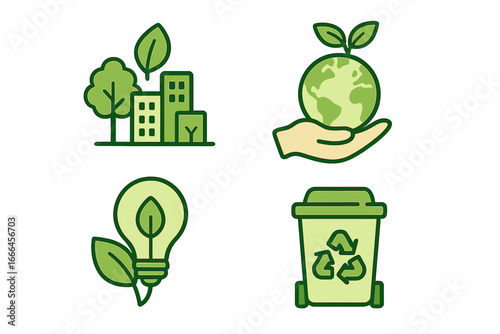 Ecology icons set. Sustainable city, planet protection, green energy, recycling. Vector symbols for environmental awareness, conservation, eco-friendly technology and lifestyle.