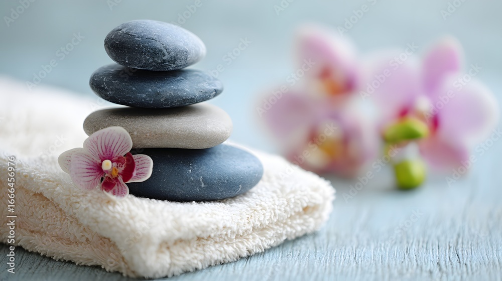 Fototapeta premium Massage stones on white towel with orchid flower, calm pastel background, spa wellness photography