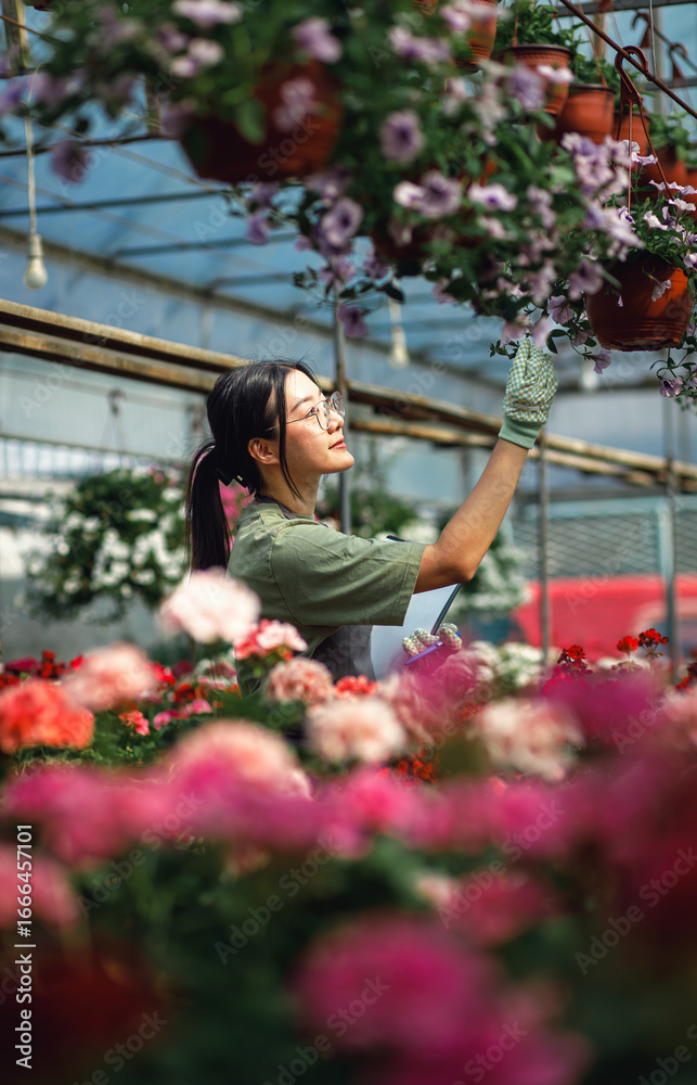 Fototapeta premium Asian woman working in greenhouse holding clipboard inspecting flowers.