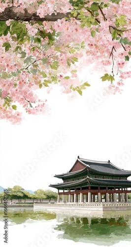Pink Cherry Blossoms over a Korean Pavilion