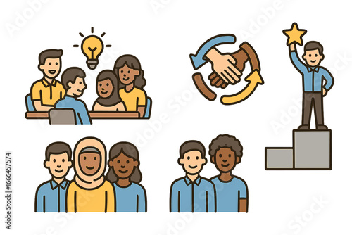 Teamwork, diversity and achievement icon set. Business success, collaboration, and inclusion concept. Multicultural team meeting, partnership handshake, winner podium vector.