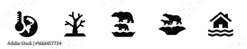 Global warming icons showing thermometer earth dead tree polar bears flooded house