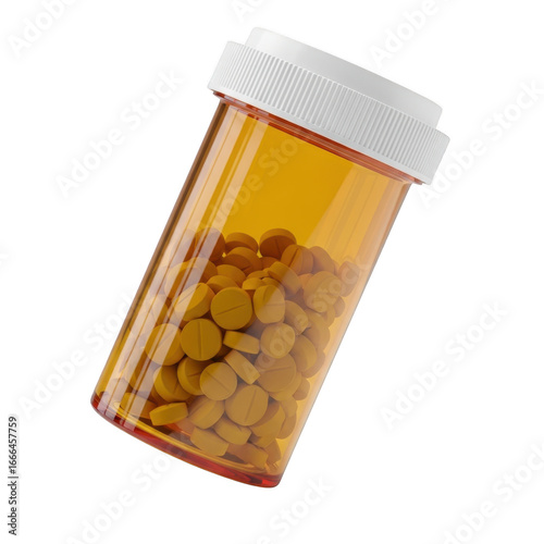 An amber prescription pill bottle with white cap isolated on transparent background