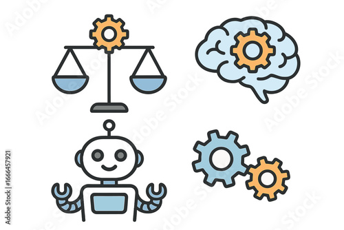 Artificial intelligence icon set. Vector concepts of machine learning, AI ethics, and robotics. Brain processing, automation, and future technology symbols. Modern flat design illustration.
