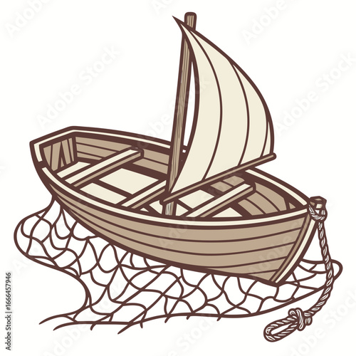 A simple wooden rowboat with a sail is caught in a fishing net with a rope tied to the bow
