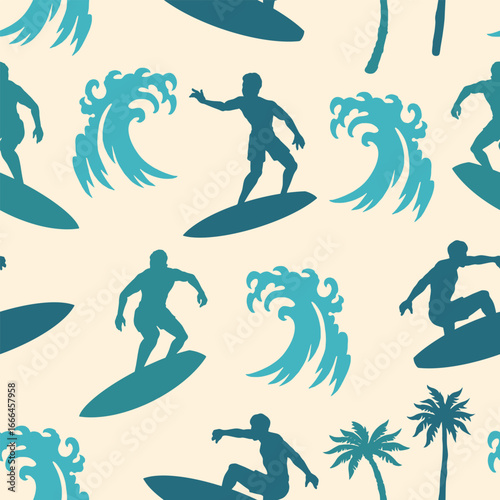 Surfers riding waves with palm trees in background