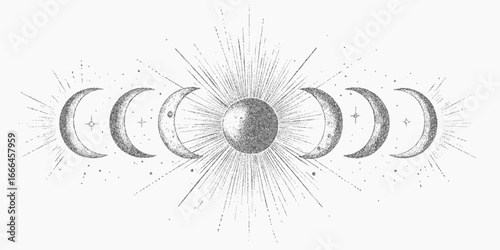Moon phases drawing. Hand inked object with visible paper noise, gritty brush texture, subtle threshold fade along the edges.