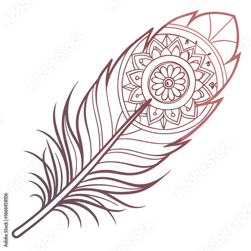 Elegant feather with intricate mandala design in gradient rose gold and white background