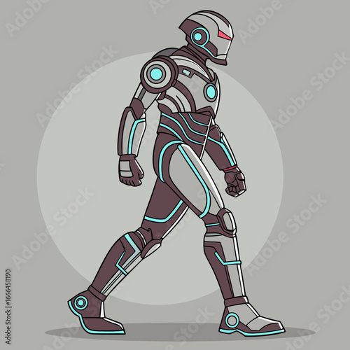 Futuristic robot warrior with glowing blue accents and red eyes walking confidently forward