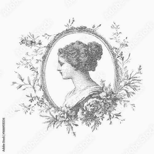 Vintage portrait in floral frame. Blotchy ink object with fine grain, aged speckle, and rough paper texture. Stippled dust overlays the surface in scattered patterns.