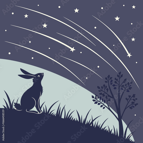 Silhouette of a curious rabbit looking up at a starry night sky with shooting stars
