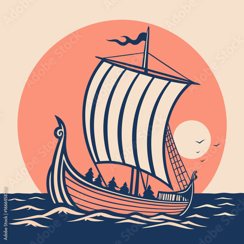 Stylized illustration of a viking longship sailing across the ocean under a large setting sun with birds flying