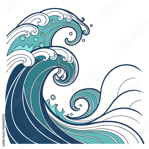 Stylized illustration of crashing ocean waves with blue and teal tones and white foam detail