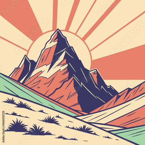 Stylized mountain landscape with a rising sun in retro colors