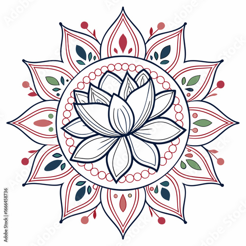 Stylized lotus flower mandala with geometric patterns and floral accents in red and blue