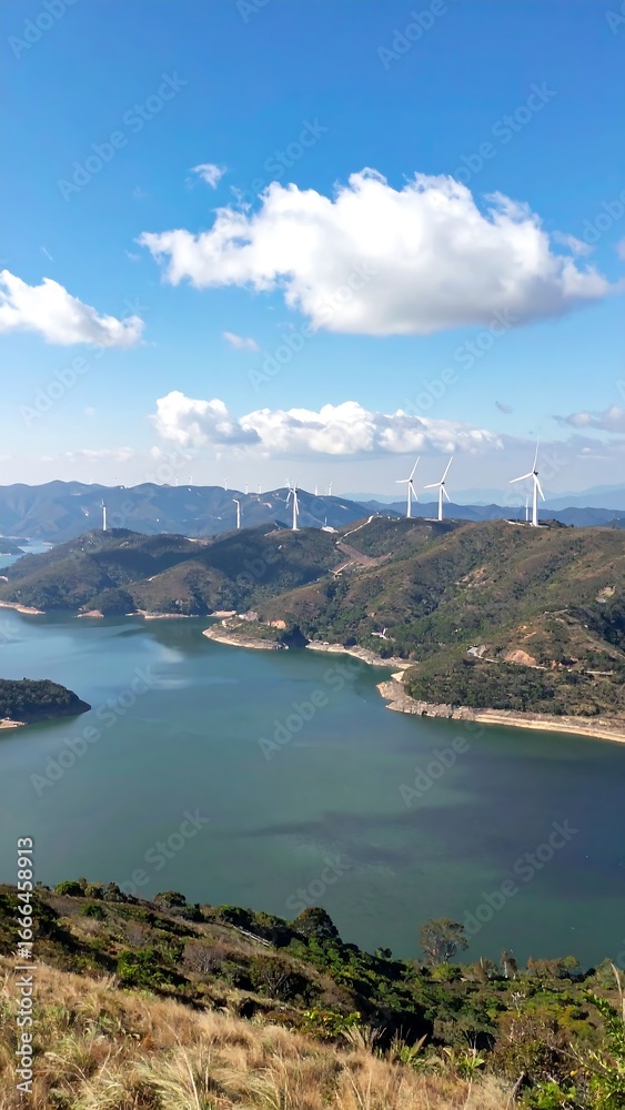 Obraz premium A serene vista of a lake nestled within a mountainous landscape, dotted with numerous wind turbines, under a vibrant blue sky filled with fluffy white clouds.