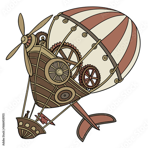 Whimsical steampunk airship with propeller and gears flying through the sky