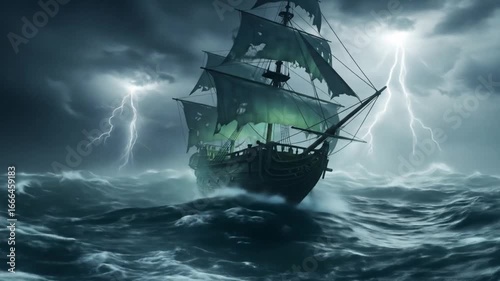 Ghostly pirate ship with glowing green sails sailing in supernatural stormy sea cinematic fantasy loop