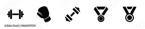 Silhouette icons dumbbells boxing glove medals weight fitness