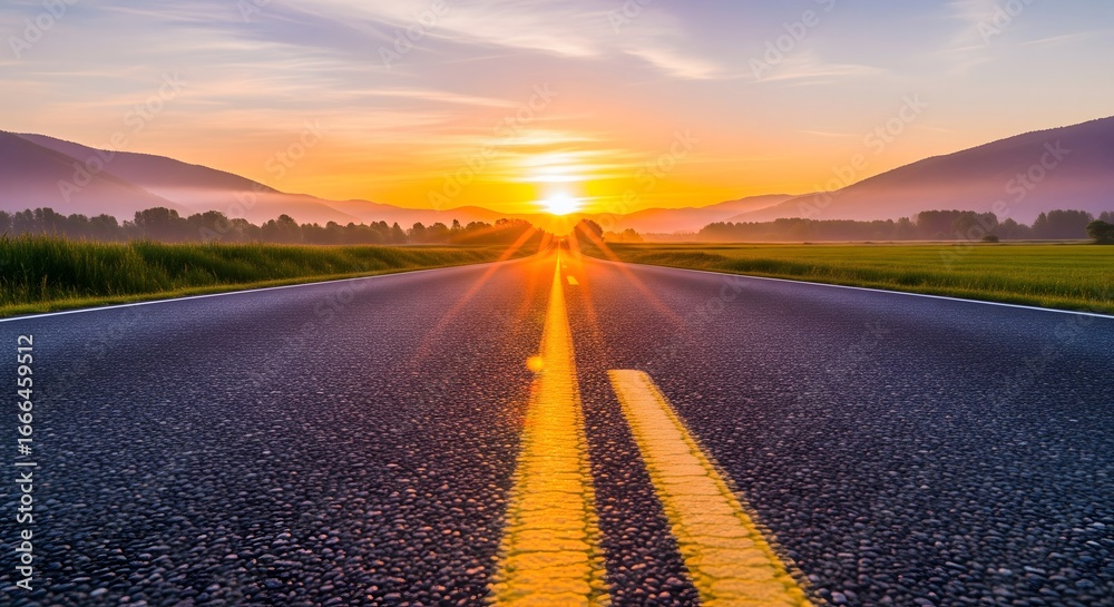 Fototapeta premium An empty straight road leading towards a beautiful sunrise on the horizon. A concept for journey, future, new beginnings, and travel.