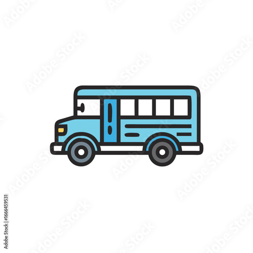 Blue school bus illustration in a minimal flat design style  