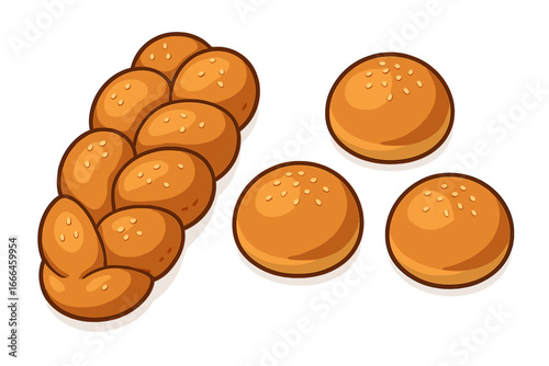 Fresh challah braided bread and round burger buns. Vector cartoon illustration of baked goods. Bakery food set with sesame seeds for menu, icon or cooking design concept.