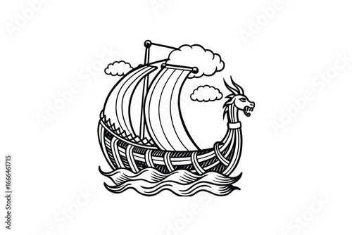 Viking ship sailing on wavy ocean waters with puffy clouds in the background silhouette