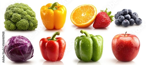 Fresh colorful fruits and vegetables isolated on white