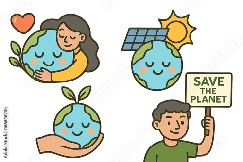 Save the planet concept. Earth day illustration set. Woman hugging globe, solar energy, hand holding plant. Environmental advocacy, ecology, and sustainability vector cartoon.