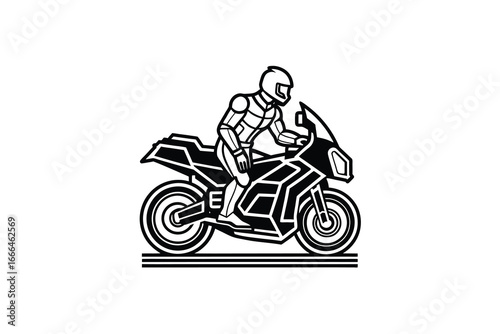 Motorcyclist riding a sleek bike in a dynamic pose on the road surface silhouette