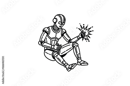 A robot sitting and holding a sparking device in one hand silhouette