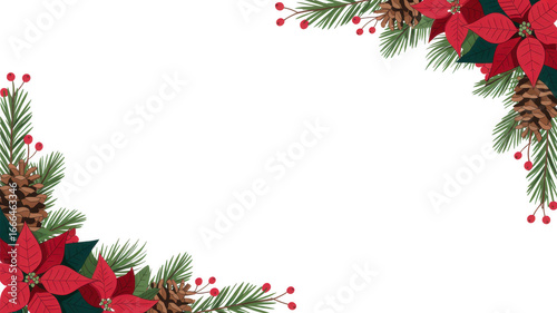 Christmas poinsettia pine cone and berry corner frame isolated on transparent background for holiday season greeting card and invitation design