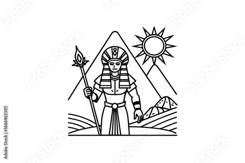 Ancient egyptian pharaoh standing in front of pyramid with sun and desert landscape silhouette