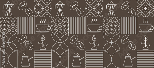 Seamless coffee pattern with line art icons including coffee cups, moka pots, cezve, coffee beans, plants, and abstract geometric shapes on a brown background for modern design use
