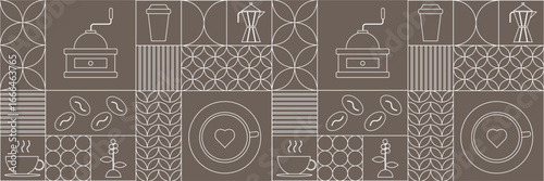 Seamless coffee pattern with line art icons including cups, beans, grinders, to-go mugs, moka pots, and decorative geometric shapes in a modern minimal style