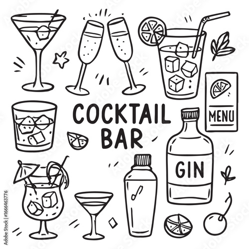 Alcohol cocktail bar doodle set vector