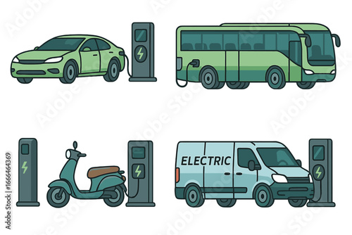 Electric vehicle and charging station icon set. EV collection with car, bus, scooter, and van. Green energy and sustainable transport concept. E-mobility vector illustration.