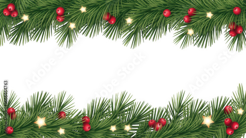 Christmas frame border of fir branches with red berries and stars isolated on transparent background for holiday season and new year celebration