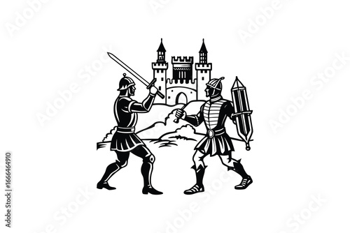 Medieval warriors fighting in front of a castle silhouette