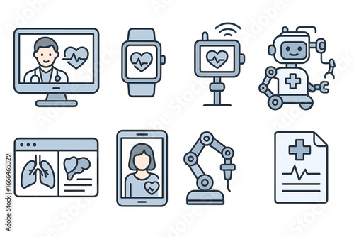 Medical technology icon set. Telemedicine, digital healthcare, and robotic surgery concepts. Online doctor, remote patient monitoring, ai, smartwatch and medical robot vector icons.