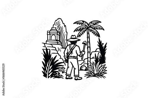 Man in hat standing near ancient temple with palm trees and tropical plants silhouette