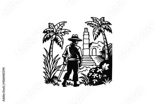 man walking towards a tropical temple with palm trees and jungle foliage silhouette
