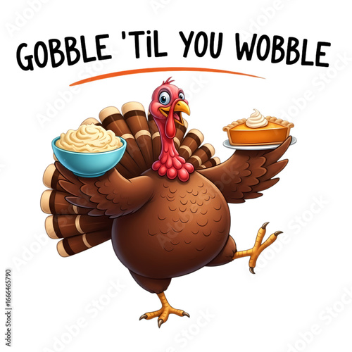 Gobble Til You Wobble Humorous Thanksgiving. Dancing turkey with pie and mashed potatoes.