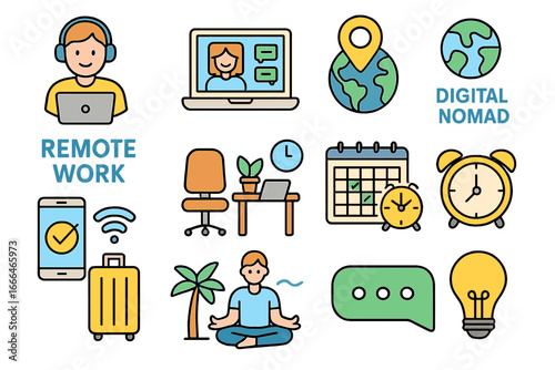 Remote work and digital nomad lifestyle icon set. Vector symbols for freelance, online business, and work from home concepts. Flexibility, productivity, and travel illustration.