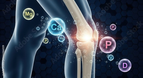 Human knee joint anatomy with Calcium Magnesium Phosphorus and vitamin D on dark background