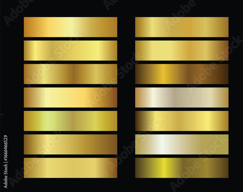 Collection of metallic gold gradients displayed in vertical swatches against a black background